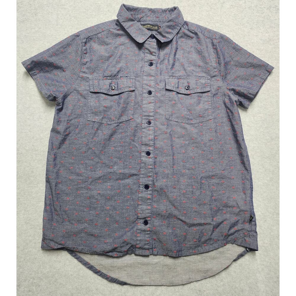 United By Blue Mens M Button Up Shirt Organic Cotton Blue Red Print Short Sleeve